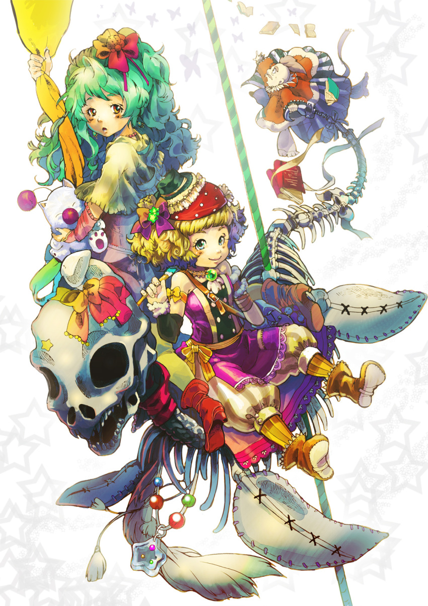 2girls blonde_hair blue_eyes book boots bow commentary_request final_fantasy final_fantasy_vi green_hair hairbow hat highres holding moogle multiple_girls red_eyes relm_arrowny seiji1209 sitting skeleton skull smile star_(symbol) strago_magus striped terra_branford vertical-striped_leggings vertical_stripes