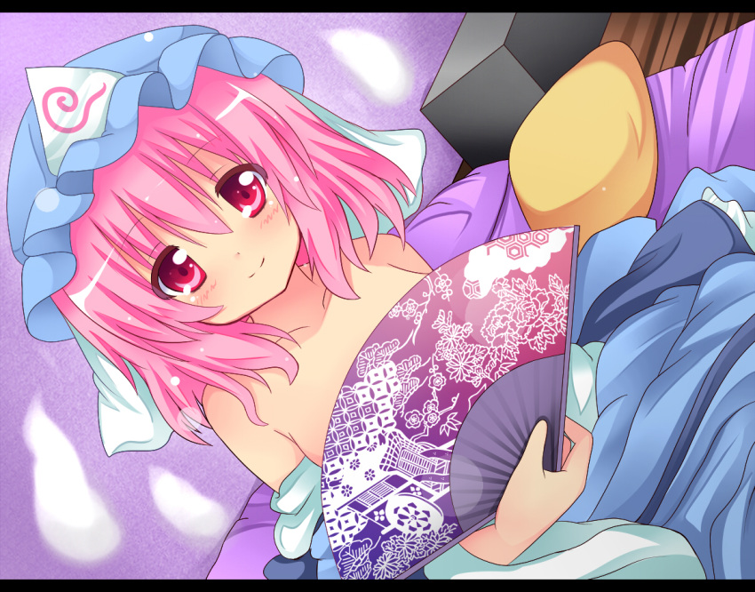 bad_id bad_pixiv_id bare_shoulders blue_dress blush collarbone covering_privates dress dutch_angle female folding_fan goshoguruma hand_fan hat hexagon letterboxed off_shoulder pink_eyes pink_hair saigyouji_yuyuko saigyouji_yuyuko's_fan_design shinekalta shippou_(pattern) short_hair sitting smile solo touhou veil