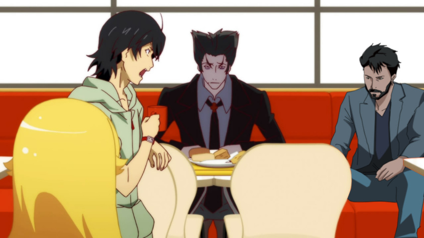 3boys anime_screenshot araragi_koyomi beard cup doughnut facial_hair female food kaiki_deishuu keanu_reeves meme monogatari_(series) multiple_boys nisemonogatari oshino_shinobu photoshop_(medium) real_life third-party_edit