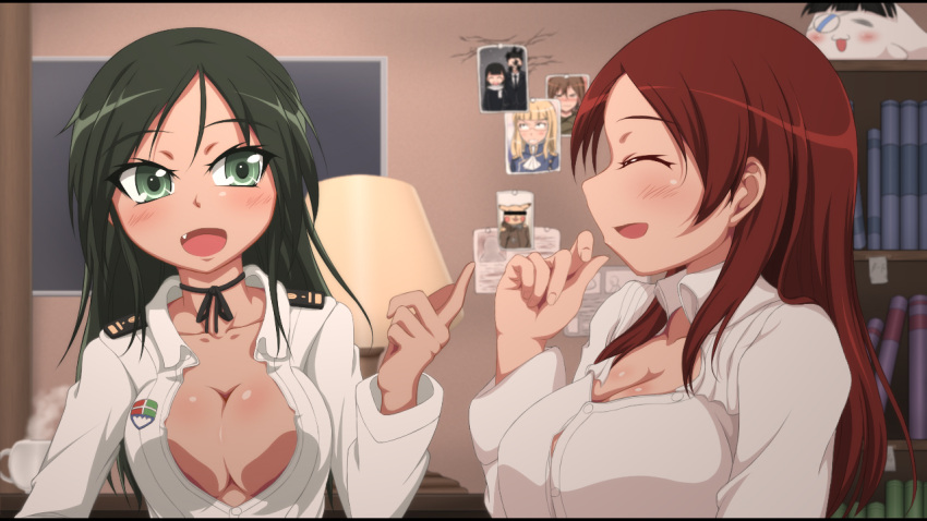 2girls aged_up black_hair blonde_hair breasts brown_hair censored cleavage commentary_request francesca_lucchini gertrud_barkhorn green_eyes hijikata_keisuke identity_censor indoors large_breasts minna-dietlinde_wilcke monizumi_ishikawa multiple_girls oerba_yun_fang open_clothes open_shirt perrine_h._clostermann photo_(object) photoshop_(medium) pikachu pokemon pokemon_(creature) red_hair sakamoto_mio shirt strike_witches world_witches_series yukkuri_shiteitte_ne