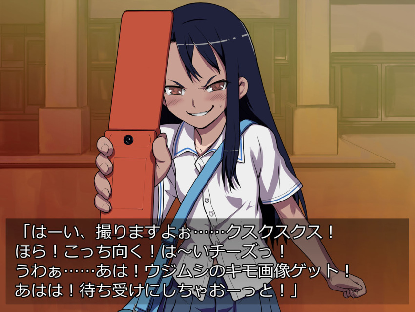 774_(nanashi) bag blue_hair blush brown_eyes cellphone commentary_request dark-skinned_female dark_skin female grin hair_ornament hairclip ijiranaide_nagatoro-san long_hair looking_at_viewer nagatoro_hayase phone photoshop_(medium) school_uniform shirt skirt smile smirk solo sweatdrop translated