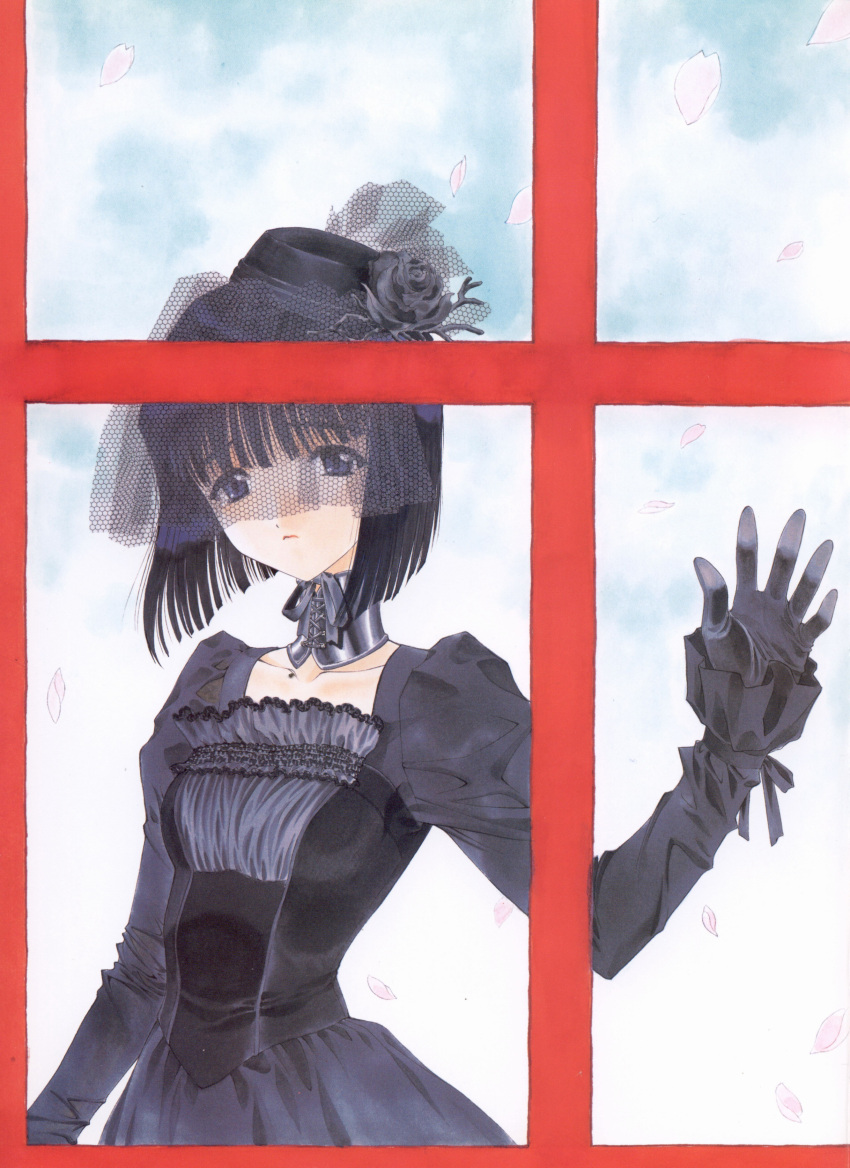 absurdres artist_request black_dress choker dress flower funeral_dress gloves hat highres kitaooji_hanabi petals rose sakura_taisen sakura_taisen_iii scan veil window