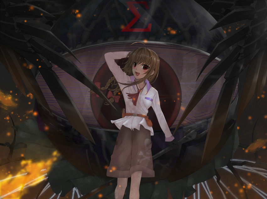 bad_id bad_pixiv_id brown_hair evil_eye_sigma female fire highres kitou_kaitai open_mouth rika_(touhou) smile solo touhou touhou_(pc-98)