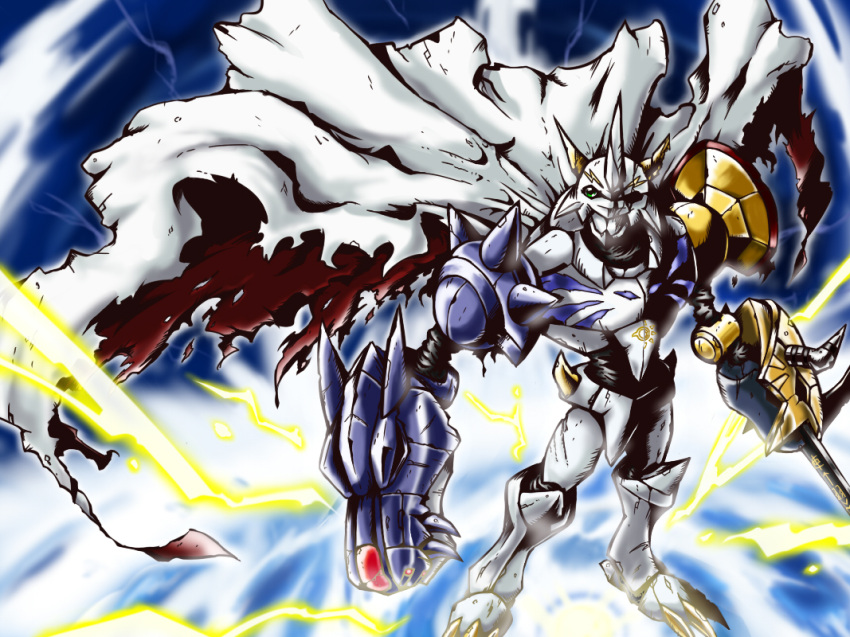 armor cape claws commentary_request digimon digimon_(creature) green_eyes horns n36hoko no_humans omegamon solo spikes torn_cape torn_clothes