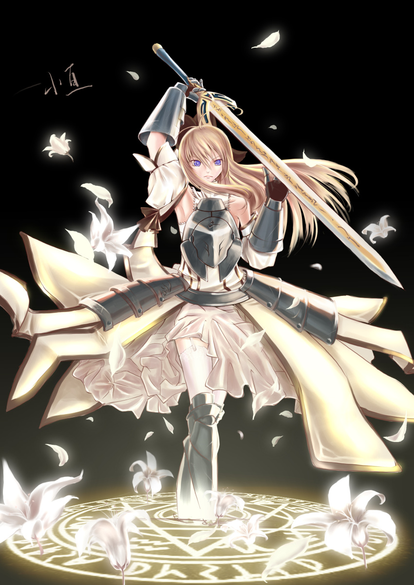 absurdres ahoge aquarius_(symbol) aries_(symbol) armor armored_dress artoria_pendragon_(fate) bare_shoulders blonde_hair blue_eyes bow caliburn_(fate) capricorn_(symbol) commentary_request detached_sleeves dress fate/stay_night fate/unlimited_codes fate_(series) faulds female flower garter_straps gauntlets gemini_(symbol) hairbow highres lace lace-trimmed_legwear lace_trim libra_(symbol) lily_(flower) magic_circle name_connection object_namesake petals photoshop_(medium) ponytail purple_eyes ribbon saber_lily sagittarius_(symbol) solo sword taurus_(symbol) thighhighs virgo_(symbol) weapon white_flower white_lily white_thighhighs xiaogen zodiac_wheel