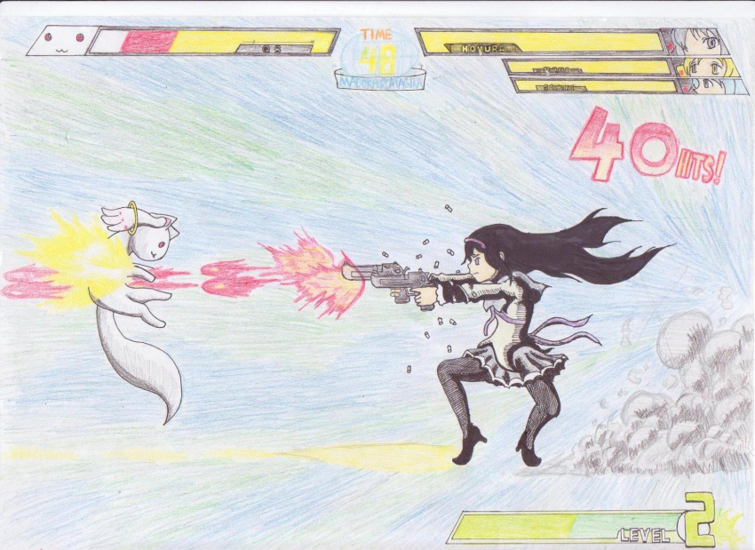 036489ze akemi_homura akemi_homura_(magical_girl) battle casing_ejection cocked_hammer colored_pencil_(medium) commentary_request deadpool deadpool_(series) desert_eagle dual_wielding fake_screenshot female fighting_game firing gun handgun health_bar highres holding kyuubee long_hair magical_girl mahou_shoujo_madoka_magica mahou_shoujo_madoka_magica_(anime) marvel marvel_vs._capcom marvel_vs._capcom_3 miki_sayaka muzzle_flash pantyhose parody rapid-fire shell_casing tomoe_mami traditional_media weapon