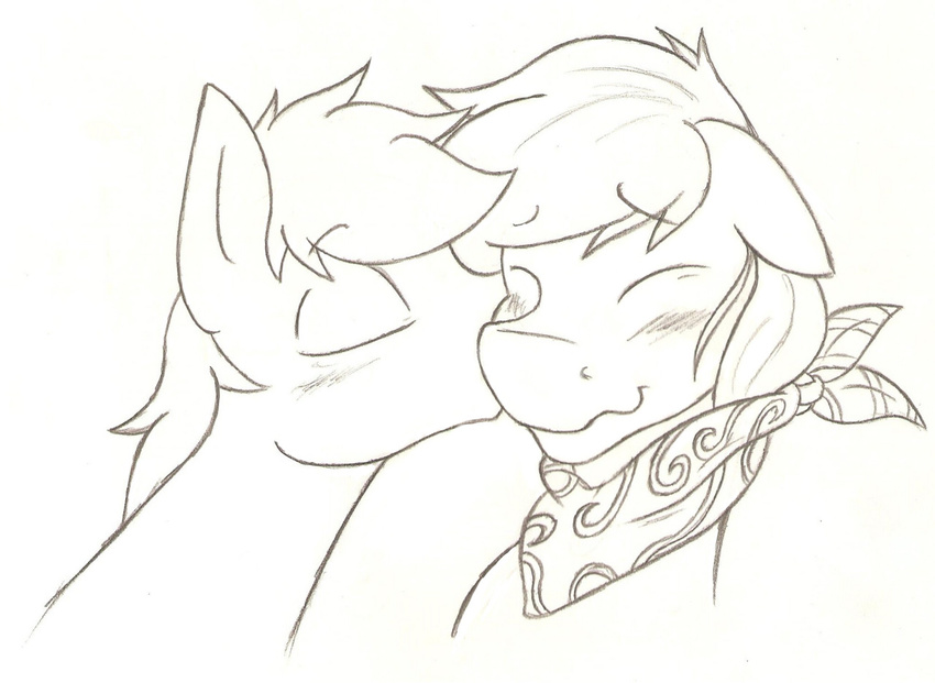 ambiguous_gender bandana better_version_at_source blush closed_eyes clothing denzeltip duo earth_pony equid equine feral hasbro horse kerchief kissing mammal monochrome my_little_pony pony smile