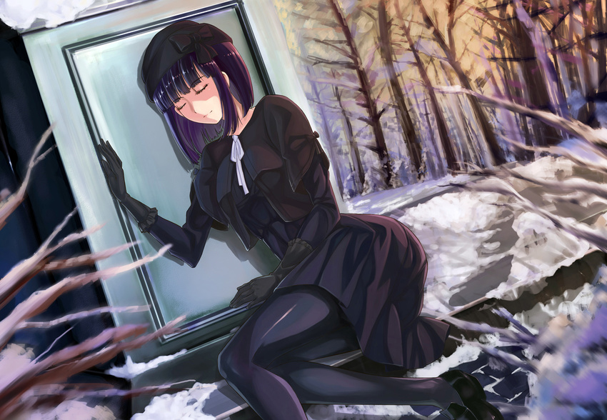 black_hair dress gloves gothic hat kenbou kitaoji_hanabi pantyhose sakura_taisen snow winter