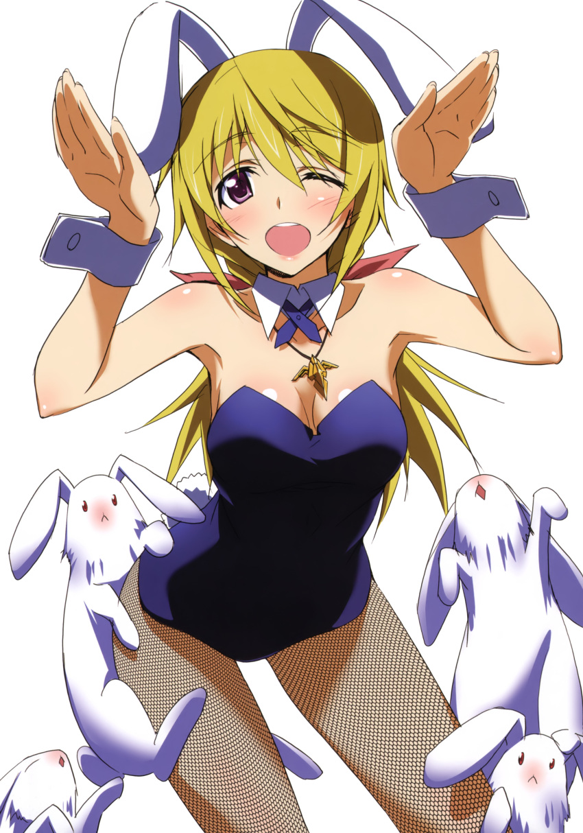 ;d absurdres animal_ears bad_link bare_shoulders blonde_hair blue_leotard blush body_blush breasts charlotte_dunois cleavage detached_collar female fishnet_pantyhose fishnets highres infinite_stratos jewelry kinako_(kinako_no_yama) kurashima_tomoyasu leotard long_hair medium_breasts necklace one_eye_closed open_mouth pantyhose playboy_bunny purple_eyes rabbit rabbit_ears rabbit_pose simple_background smile solo white_background wrist_cuffs