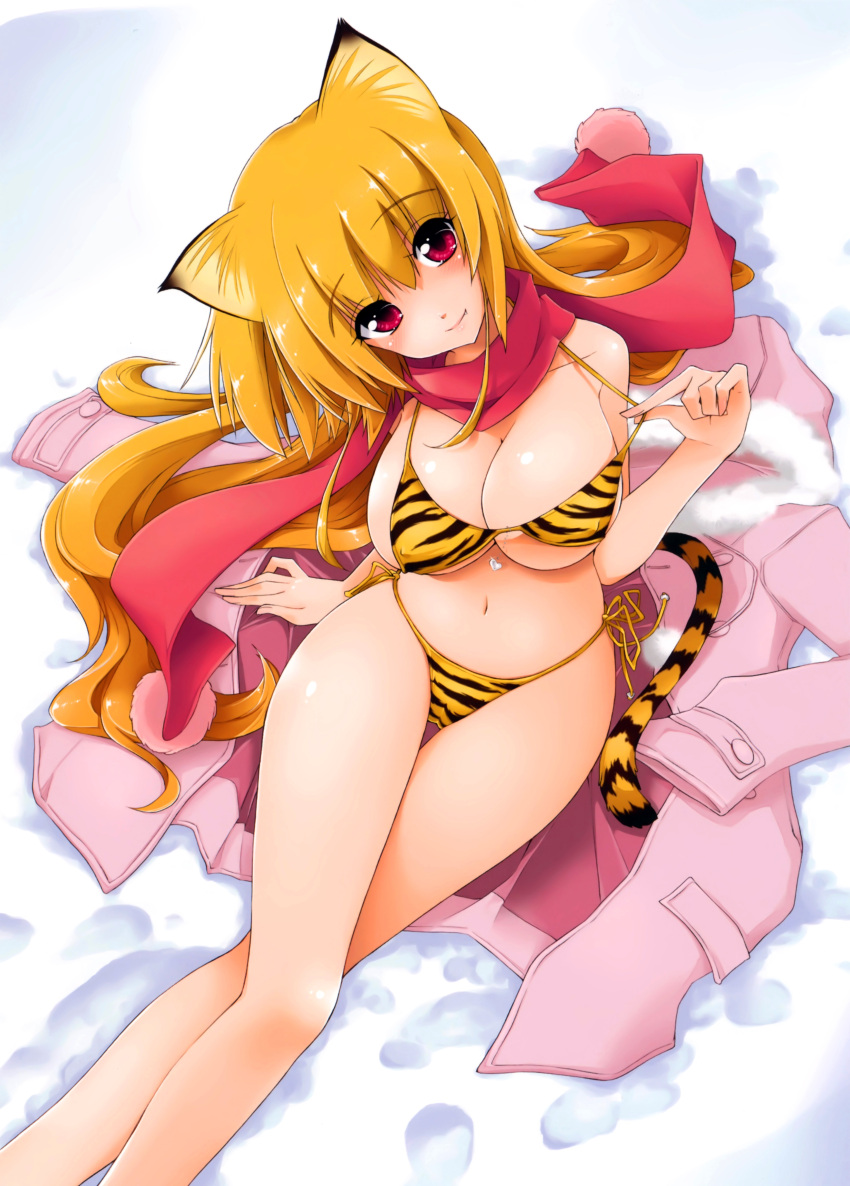 absurdres animal_ears animal_print bare_shoulders bikini bikini_pull blonde_hair breasts cleavage clothes_pull coat covered_nipples crossed_legs female head_tilt heart highres kamino_ryuuya large_breasts long_hair looking_at_viewer navel original photoshop_(medium) print_bikini pulling_own_clothes red_eyes red_scarf scan scarf sitting smile snow solo string_bikini swimsuit thighs tiger_ears tiger_print very_long_hair