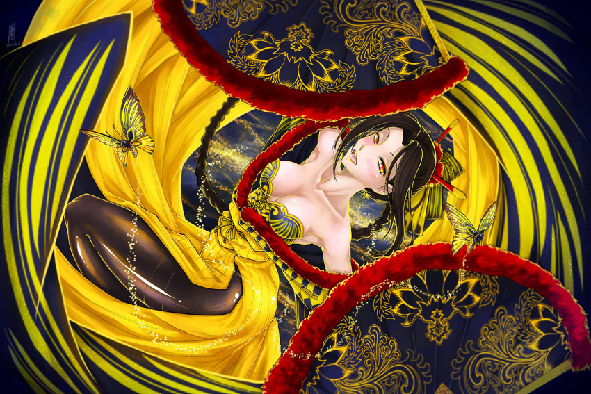 antaria black_hair blush breasts bug butterfly chinese_clothes commentary female medium_breasts open_mouth original photoshop_(medium) red_eyes signature solo thighs