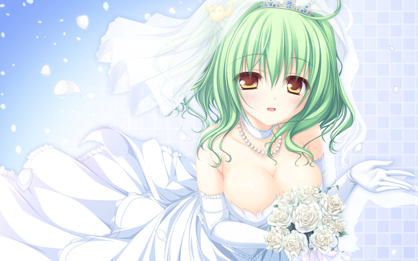 :d bouquet breasts bridal_veil brown_eyes choker cleavage dress elbow_gloves female flower gloves green_hair highres hinohara_tamako holding jewelry large_breasts lunaris_filia mikagami_mamizu necklace open_mouth ribbon_choker rose smile solo strapless strapless_dress tiara veil wedding_dress white_dress white_flower white_gloves white_rose