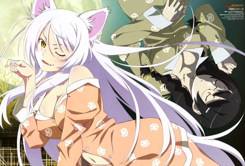 animal_ears bakemonogatari cleavage hanekawa_tsubasa nekomimi pajama sugiyama_nobuhiro