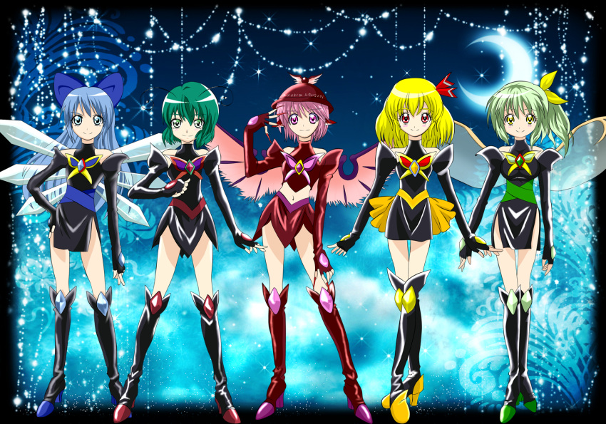 5girls alternate_costume alternate_hair_length alternate_hairstyle antennae arm_up bare_shoulders bird_wings blonde_hair blue_eyes blue_hair boots bow cirno clenched_hand commentary_request crescent_moon daiyousei dark_cure_(yes!_precure_5) eyelashes fairy_wings fingerless_gloves fingernails gloves green_eyes green_hair hair_ribbon hairbow hand_on_own_hip hat high_collar highres knee_boots light_particles long_hair long_sleeves looking_at_viewer ltd_border midriff moon multiple_girls mystia_lorelei navel open_hand pink_eyes pink_hair precure red_eyes ribbon rumia sentai short_hair side_ponytail sky smile star_(sky) starry_sky team_9_(touhou) touhou unofficial_precure_costume vest wings wriggle_nightbug yellow_eyes yes!_precure_5