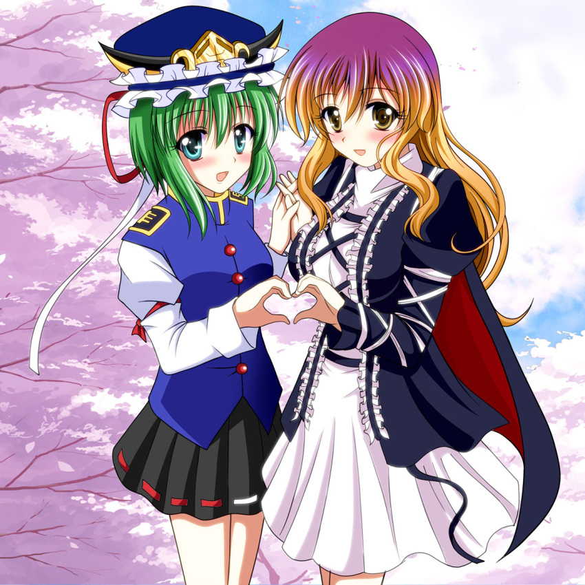 2girls blue_eyes brown_eyes cape cherry_blossoms commentary_request gradient_hair green_hair heart heart_hands heart_hands_duo highres hijiri_byakuren holding_hands interlocked_fingers long_hair multicolored_hair multiple_girls ougi_(ihayasaka) photoshop_(medium) shiki_eiki short_hair smile touhou yuri