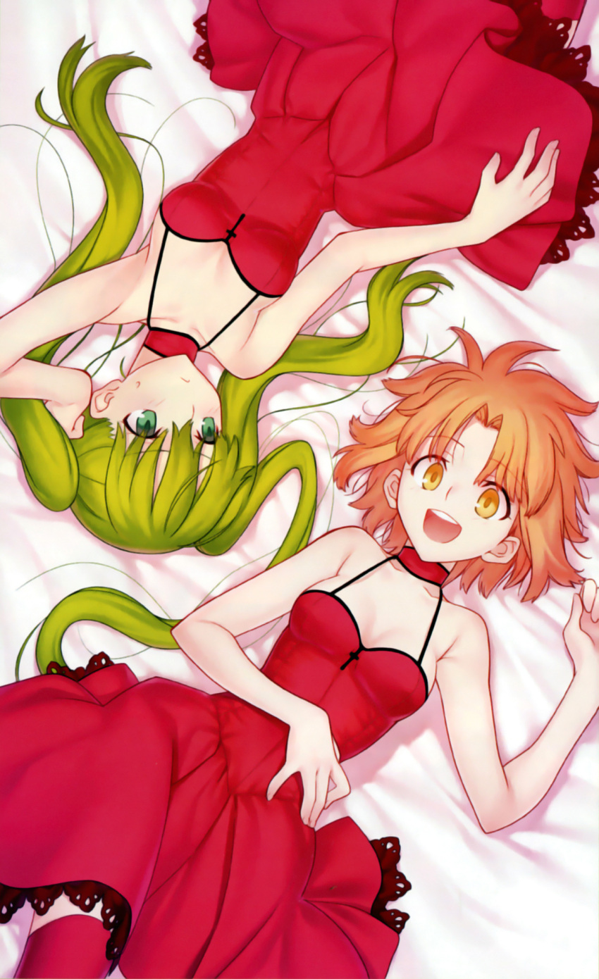 2girls :d arm_up bare_shoulders breasts choker cleavage dress green_eyes green_hair hand_on_own_stomach hibino_hibiki highres katsuragi_chikagi long_hair lying mahou_tsukai_no_hako medium_breasts multiple_girls on_back open_mouth orange_eyes orange_hair photoshop_(medium) red_dress red_legwear scan short_hair smile sweatdrop takeuchi_takashi thighhighs twintails