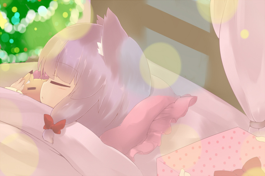 animal_ears bed blanket box cat_ears catchouli_(hazuki_ruu) christmas closed_eyes commentary_request crescent feline female gift gift_box hair_ribbon hazuki_ruu highres kemonomimi_mode kuzuneko long_hair no_headwear original patchouli_knowledge pillow purple_hair ribbon sleeping solo touhou