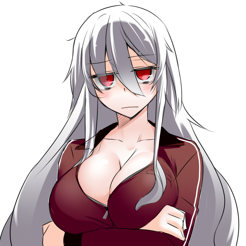 bad_id bad_pixiv_id breast_rest breasts cleavage copyright_request crossed_arms female highres huge_breasts jitome long_hair looking_at_viewer red_eyes simple_background solo white_background white_hair yamane_akira zipper