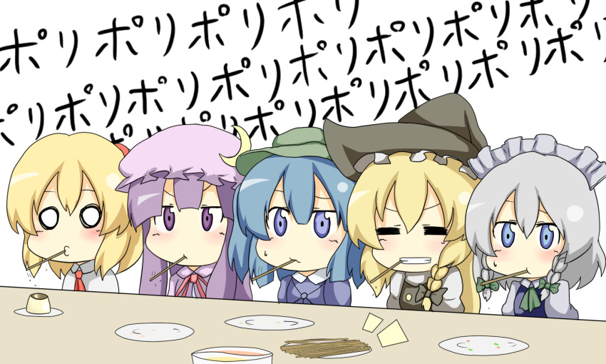 5girls =_= alice_margatroid black_burakku blonde_hair blue_eyes blue_hair blush closed_eyes commentary_request eating grey_hair hat izayoi_sakuya kawashiro_nitori kirisame_marisa multiple_girls o3o o_o odd_one_out patchouli_knowledge purple_hair short_hair touhou witch_hat