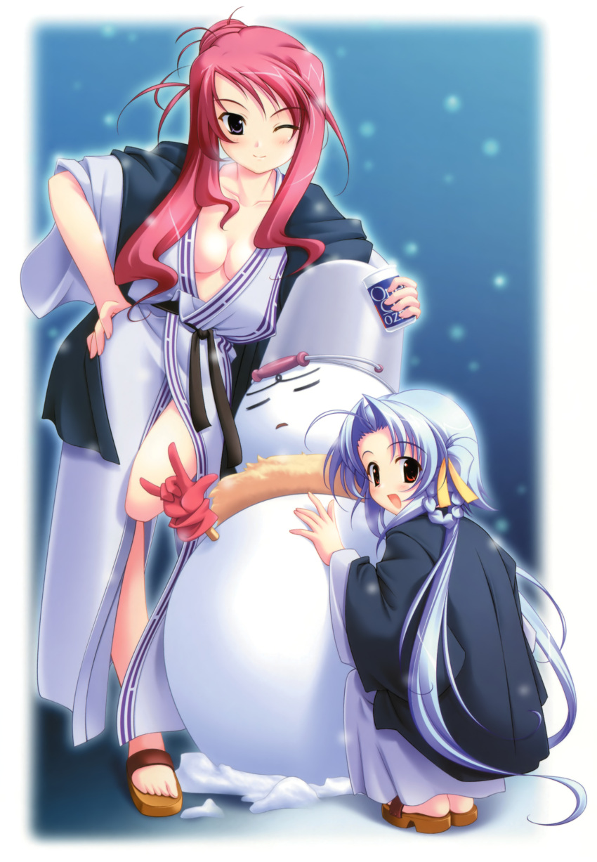 2girls \m/ absurdres blue_hair breasts bucket cleavage fujiwara_warawara full_body geta haori highres japanese_clothes kimono medium_breasts multiple_girls obi one_eye_closed pink_hair purple_eyes red_eyes robe sandals sash scarf snow snowing snowman takao_tsubaki yukata yunoha_(yunohana) yunohana