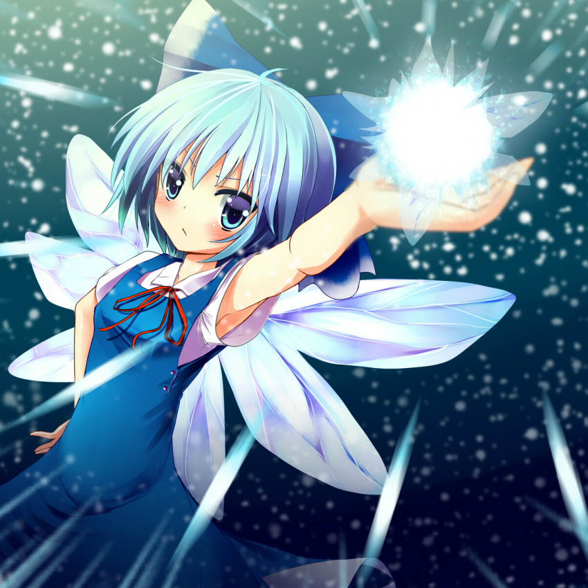 arm_up bad_id bad_pixiv_id blue_dress blue_eyes blue_hair blush bow cirno dress dx_(dekusu) energy_ball female hairbow hand_on_own_hip highres shirt short_hair solo touhou wings