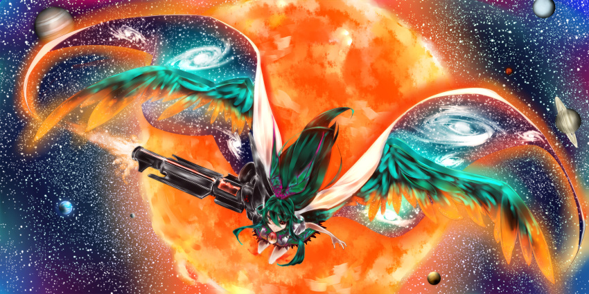 alternate_hair_color alternate_weapon arm_cannon bird_wings bow cape commentary_request eyeball eyelashes female flying galaxy green_hair hairbow highres kagu_(a_hazy_moon) long_hair looking_at_viewer open_hand outstretched_arms parted_lips photoshop_(medium) planet radiation_symbol red_eyes reiuji_utsuho saturn_(planet) solo space space_print starry_sky_print sun third_eye touhou very_long_hair weapon wings