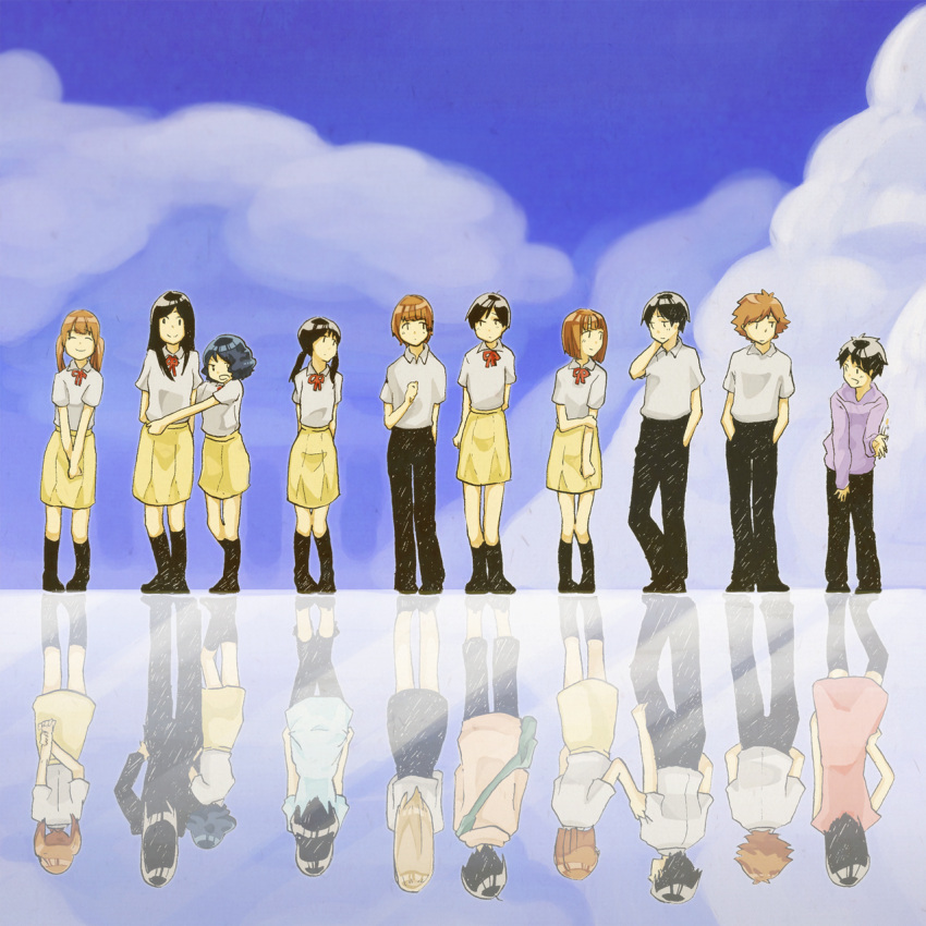 4boys 6+girls artist_request black_eyes black_hair brown_hair chiba_saori cloud day different_reflection doi_shinpei gender_transitioning highres hourou_musuko kneehighs multiple_boys multiple_girls ninomiya_fumiya nitori_maho nitori_shuuichi oka_takanori photoshop_(medium) reflection sarashina_chizuru sasa_kanako school_uniform seya_riku shirai_momoko skirt sky socks source_request takatsuki_yoshino