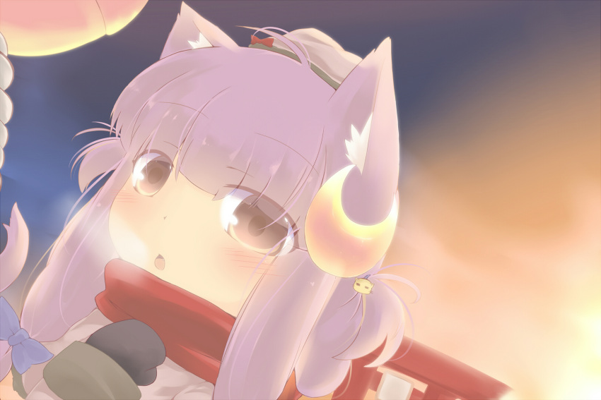 alternate_hairstyle animal_ears blush breath brown_eyes cat_ears catchouli_(hazuki_ruu) commentary_request crescent crescent_hair_ornament dress female gloves hair_ornament hair_ribbon hat hazuki_ruu highres kemonomimi_mode kuzuneko long_hair looking_at_viewer no_headwear oerba_yun_fang original patchouli_knowledge purple_hair ribbon scarf shrine_bell solo torii touhou twintails