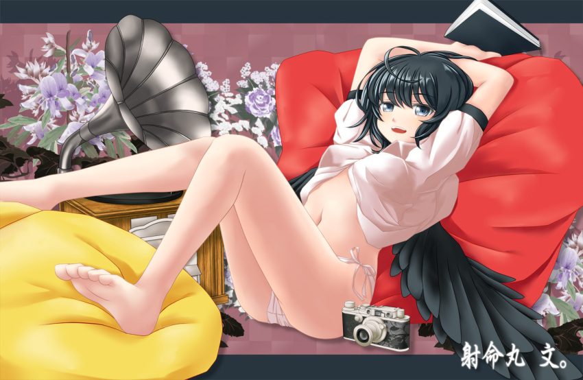 arms_up bad_id bad_pixiv_id bare_legs barefoot black_hair black_wings book camera feet female flower grey_eyes letterboxed looking_at_viewer midriff navel nekokotei no_pants open_clothes open_mouth open_shirt panties phonograph photoshop_(medium) pillow shameimaru_aya shirt short_hair side-tie_panties smile solo touhou underwear white_panties wings