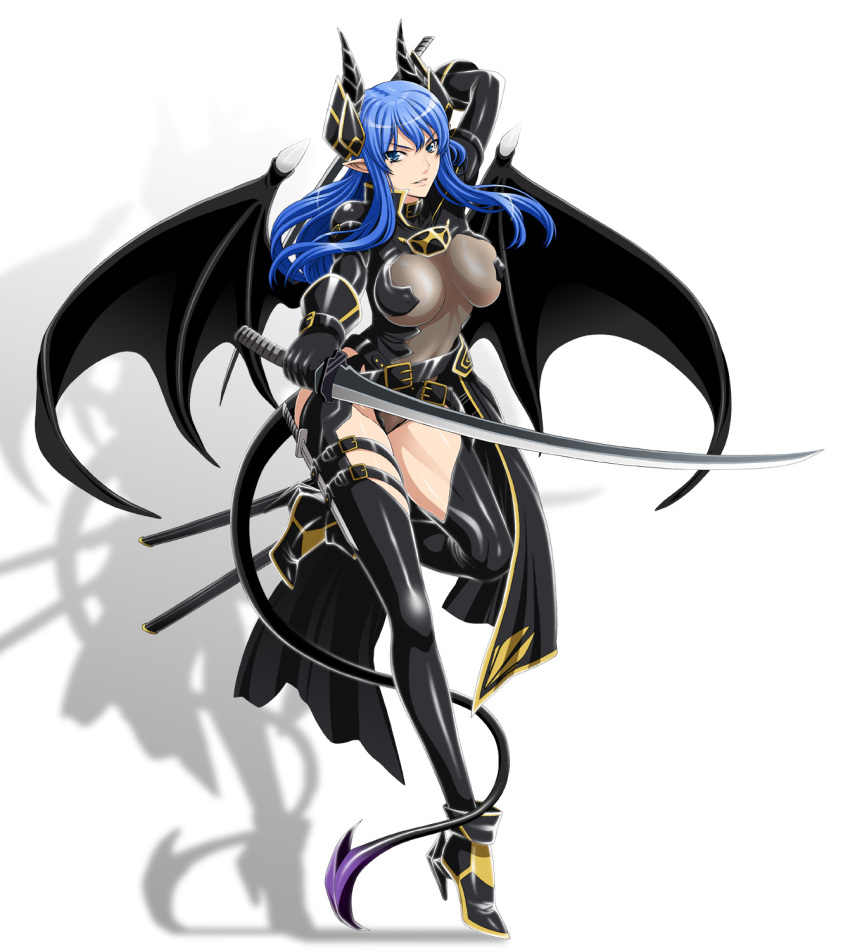 ankle_boots arm_strap arm_up bat_wings belt belt_skirt black_thighhighs blue_eyes blue_hair boots breasts breasts_apart buckle collar covered_nipples demon_girl demon_tail dual_wielding fantasy female full_body garter_straps gloves groin hair_ornament high_heels highleg highleg_leotard highres holding holding_weapon horns impossible_clothes isse large_breasts leg_lift leg_up leotard long_hair looking_at_viewer multiple_belts multiple_swords original outstretched_arm over_shoulder parted_lips pointy_ears scabbard shadow sheath short_sword showgirl_skirt sidelocks simple_background skin_tight skirt smile solo sword tail thigh_strap thighhighs turtleneck weapon weapon_over_shoulder white_background wings