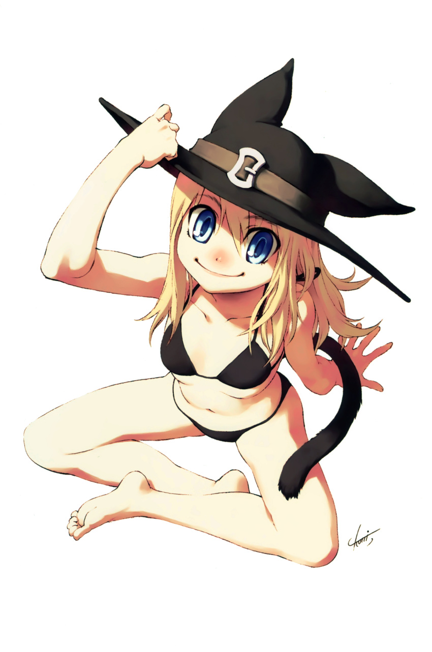 absurdres adjusting_clothes adjusting_headwear animal_hat arm_support arm_up bare_legs bare_shoulders barefoot bikini black_bikini blonde_hair blue_eyes breasts buckle cat_hat cat_tail collarbone feet female from_above full_body hair_between_eyes hat highres indian_style legs light_smile long_hair looking_at_viewer looking_up navel nekomimi_no_nakuza original signature simple_background sitting small_breasts smile soles solo spread_legs string_bikini swimsuit tail tanaka_kunihiko white_background