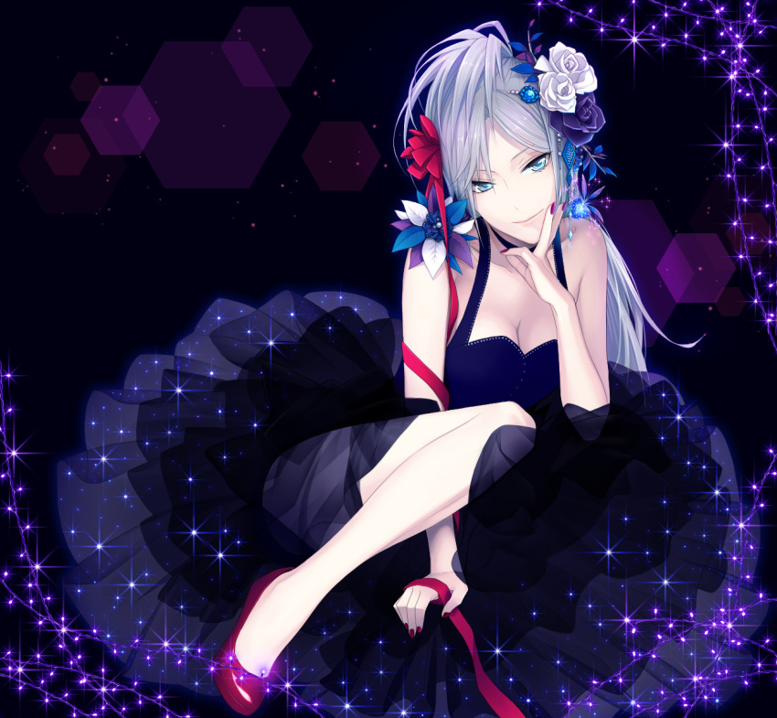 arm_support bad_id bad_pixiv_id blue_eyes blue_flower blue_hair blue_rose breasts chimachi choker cleavage commentary_request dress female fingernails flower hair_flower hair_ornament hand_on_own_cheek hand_on_own_face high_heels highres layered_dress legs long_hair looking_at_viewer medium_breasts nail_polish original red_footwear red_nails ribbon rose see-through shoes sleeveless sleeveless_dress smile solo sparkle tsurime white_flower white_rose