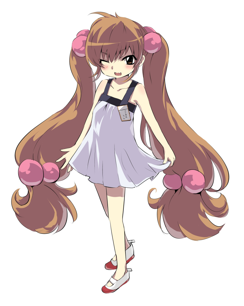 bare_shoulders brown_eyes brown_hair commentary_request dress female full_body hair_bobbles hair_ornament highres kodomo_no_jikan kokonoe_rin long_hair name_tag one_eye_closed onodera_(einsatz) open_mouth shoes simple_background smile solo standing uwabaki very_long_hair white_background