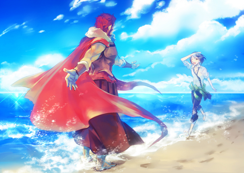 2boys androgynous barefoot beach beard black_hair bob_cut cape cloud commentary_request day facial_hair fate/zero fate_(series) green_eyes highres iskandar_(fate) male_focus multiple_boys necktie ocean outdoors red_eyes red_hair sky tamachi_kuwa waver_velvet