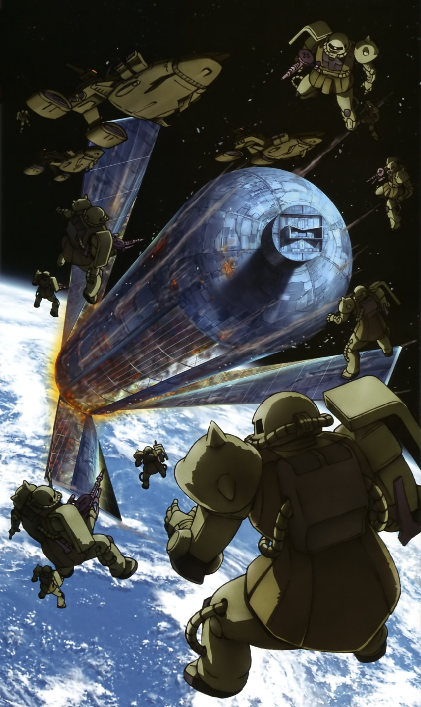 absurdres artist_request atmospheric_reentry colony_drop earth_(planet) gun gundam highres machine_gun mecha mobile_suit_gundam musai no_humans o'neill_cylinder planet robot space space_habitat spacecraft weapon zaku zaku_ii zaku_ii_f/j zaku_ii_s