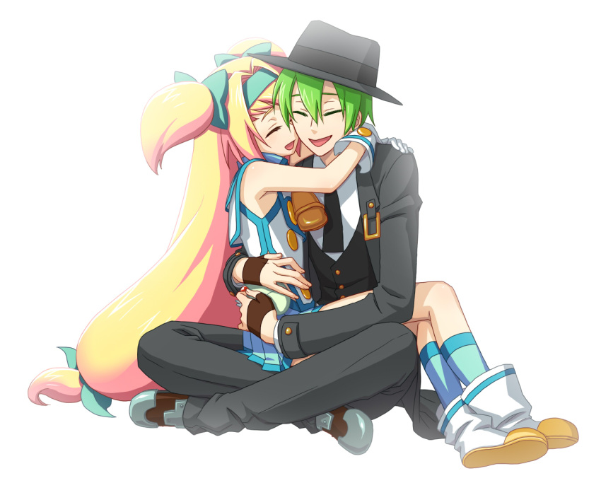 1boy arin66 bad_id bad_pixiv_id bell blazblue blonde_hair boots bow closed_eyes female formal green_hair hairband hairbow happy hat hazama hug long_hair low-tied_long_hair pants platinum_the_trinity quad_tails shoes short_hair simple_background sitting sitting_on_lap sitting_on_person smile white_background