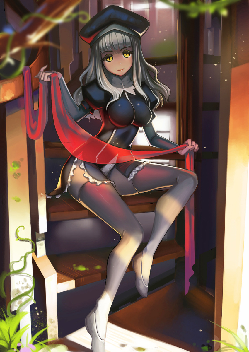 bad_id bad_pixiv_id blurry breasts caren_hortensia commentary depth_of_field english_commentary fate/hollow_ataraxia fate_(series) female fiodo grey_hair grey_thighhighs hat highres impossible_clothes large_breasts layered_sleeves long_hair photoshop_(medium) shroud_of_magdalene sitting sitting_on_stairs smile solo stairs thighhighs yellow_eyes