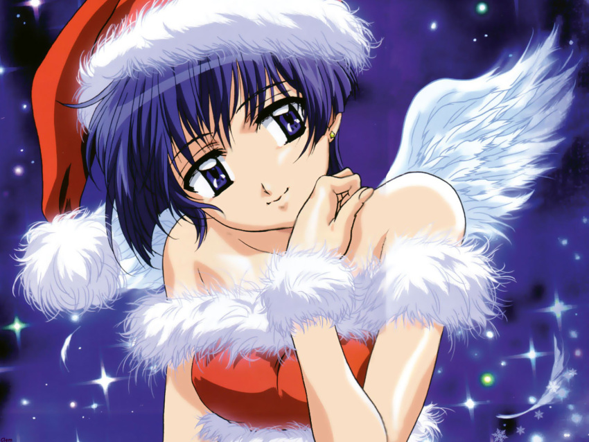 2000s_(style) ai_yori_aoshi bare_shoulders earrings feathered_wings feathers female hat head_tilt highres jewelry nakayama_yumi official_art purple_hair sakuraba_aoi santa_costume santa_hat short_hair solo star_(symbol) starry_background upper_body wings