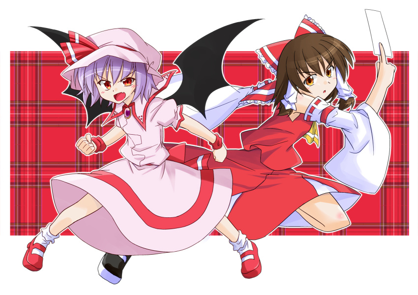 2girls ascot bat_wings blue_hair bow brooch brown_eyes brown_hair commentary_request detached_sleeves hair_tubes hairbow hakurei_reimu hat highres jewelry kazawa_(tonzura-d) mary_janes multiple_girls ofuda plaid plaid_background red_eyes remilia_scarlet shoes short_hair skirt skirt_set touhou wings wristband