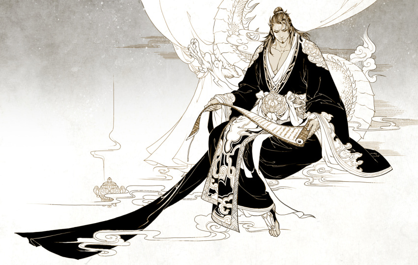 1boy asura's_wrath belt censer chinese_clothes commentary_request dragon eastern_dragon fog hanfu incense male_focus manly photoshop_(medium) scroll solo topknot yasha_(asura's_wrath) yufy