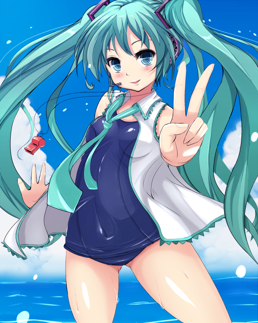 aqua_eyes aqua_hair blush hatsune_miku headset highres long_hair necktie one-piece_swimsuit open_mouth school_swimsuit shiny shiny_clothes skindentation solo sukesan swimsuit swimsuit_under_clothes twintails v very_long_hair vocaloid wet wet_clothes whistle