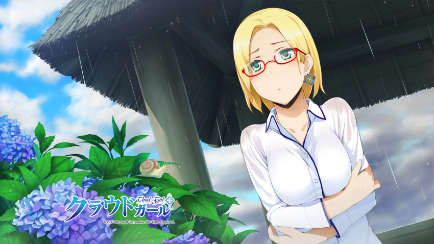 aqua_eyes blonde_hair breast_hold breasts claudia_madobe copyright_name dated dress_shirt earrings female flower glasses highres hydrangea jewelry leaf microsoft_windows official_art official_wallpaper outdoors rain red-framed_eyewear semi-rimless_eyewear shirt single_earring snail solo under-rim_eyewear wakaba_sprout watermark