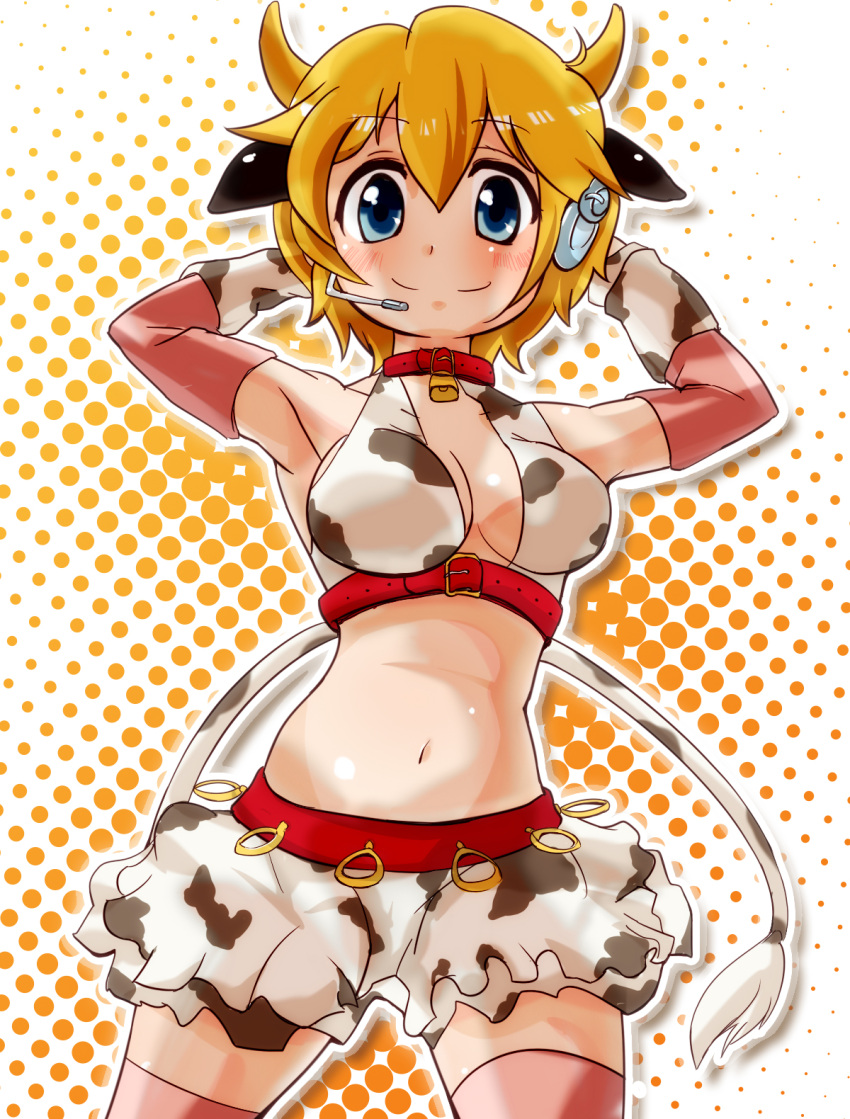 animal_ears animal_print bad_id bad_pixiv_id bell blonde_hair blue_eyes breasts collar cosplay cow_ears cow_girl cow_horns cow_print cow_tail female funen headset highres horns idolmaster idolmaster_cinderella_girls lucky_star microphone navel neck_bell oikawa_shizuku oikawa_shizuku_(cosplay) patricia_martin short_hair solo tail thighhighs