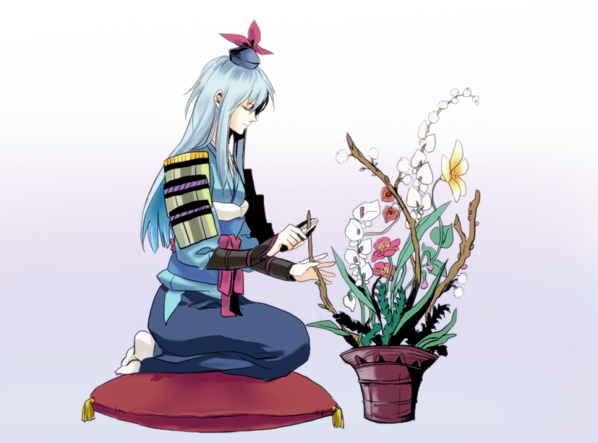 alternate_costume armor bad_id bad_link bad_nicoseiga_id blue_hair bud bushidou_(sekaiju) bushidou_(sekaiju)_(cosplay) closed_eyes cosplay female flower hat ikebana japanese_armor japanese_clothes kamishirasawa_keine kote kurokote long_hair pillow plant scissors seiza sekaiju_no_meikyuu shears shoulder_armor sitting smile sode solo touhou yoshiharu_(ryoji)