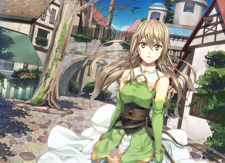 aria_(seiken_no_blacksmith) bad_id bad_pixiv_id bare_shoulders brown_eyes brown_hair building corset day dress earrings elbow_gloves female gloves green_dress green_gloves half-timbered house jewelry long_hair looking_at_viewer luna_(reclaimed_land) moss outdoors pavement plant seiken_no_blacksmith solo standing tree underbust very_long_hair village