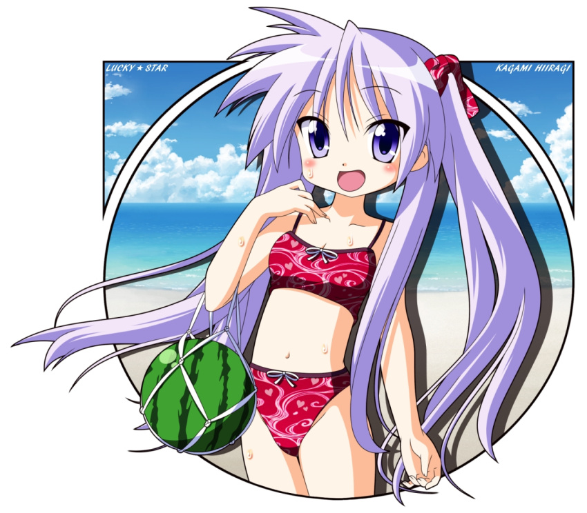 bad_id bad_pixiv_id beach bikini blue_eyes female food fruit hiiragi_kagami long_hair lucky_star purple_hair rindou_(awoshakushi) swimsuit twintails watermelon