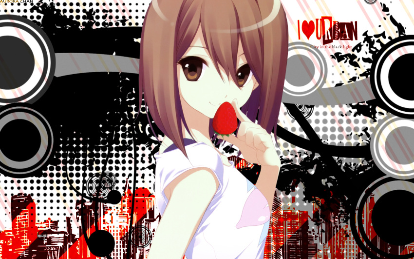 brown_eyes brown_hair cityscape dmyotic english_text female food fruit halftone hirasawa_yui k-on! looking_at_viewer photoshop_(medium) shirahane_nao smile solo strawberry upper_body