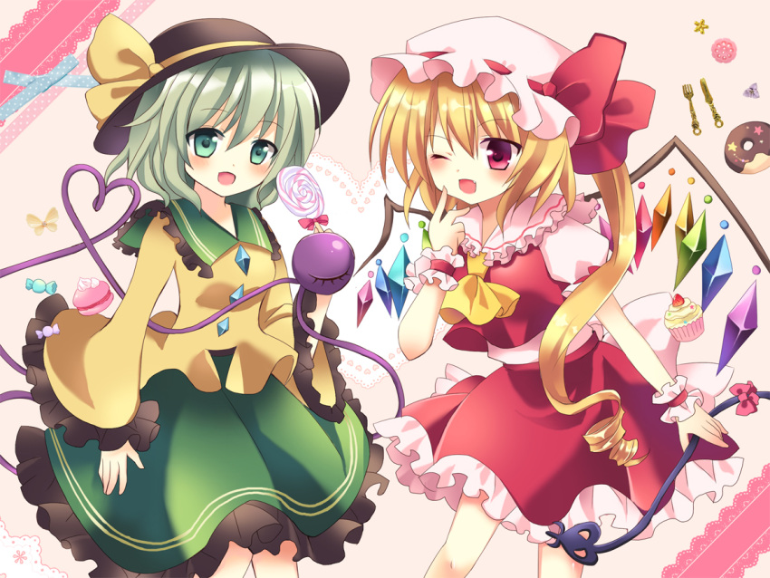 ascot blonde_hair cake candy cupcake doughnut dress flandre_scarlet food fork green_eyes green_hair hat knife komeiji_koishi laevatein lollipop long_hair macaron mayo_(miyusa) multiple_girls one_eye_closed red_eyes side_ponytail swirl_lollipop third_eye touhou wings