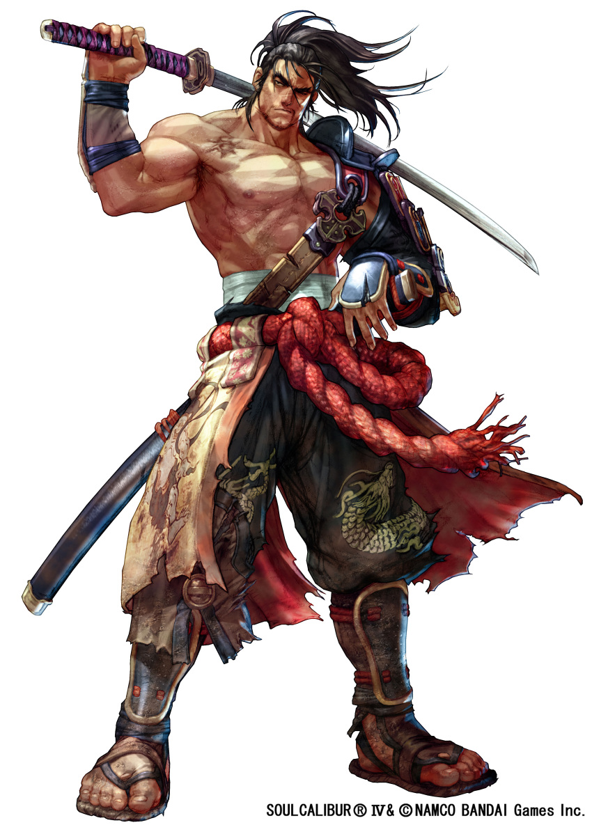 1boy absurdres arm_guard arm_guards armor dragon highres katana kawano_takuji male male_focus manly mitsurugi mitsurugi_heishirou official_art pauldron pauldrons samurai sandals sash scar sheath shirtless shoulder_guard solo soul_calibur soul_calibur_iv soulcalibur_iv sword torn_clothes weapon