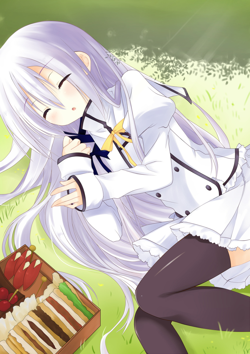 :o absurdres areishia_spirit_academy_uniform bento blush bow closed_eyes commentary_request female food grass guhua67 highres long_hair lying on_side photoshop_(medium) sandwich school_uniform seirei_tsukai_no_blade_dance skirt sleeping solo terminus_est thighhighs very_long_hair white_hair